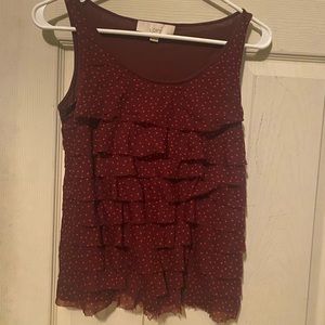 LOFT burgundy ruffle sleeveless top w pink dots